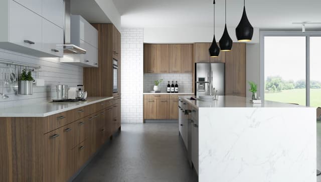 Glossy White & Walnut Kitchen Design